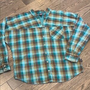 Patagonia Shirt Women 12 Button Up Round V Neck Plaid Organic Cotton Blue Brown